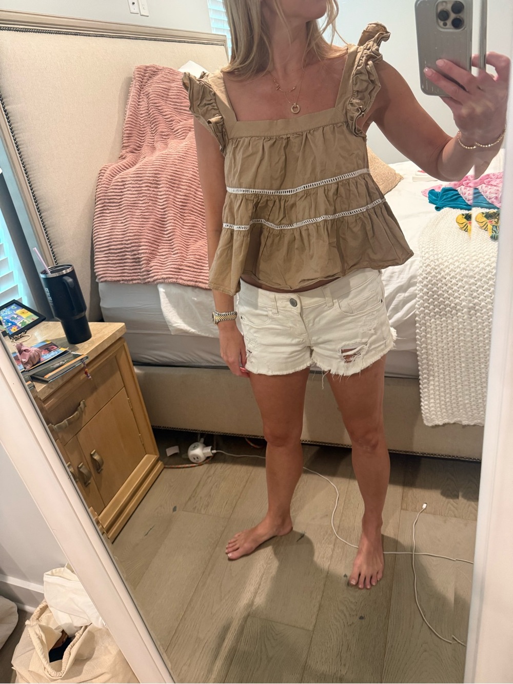 En Saison Ruffle Tiered Babydoll Top Tan Camel